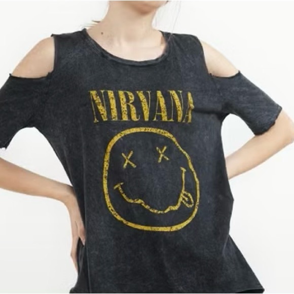 NIRVANA Distressed Tee with Shoulder Cutouts - Picture 1 of 5